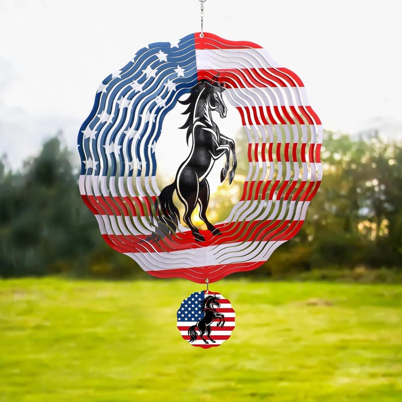 INCOK Horse Wind Spinners Outdoor - Horse Gifts for Men Women, American Flag Wind Chime for Outside, Hanging Metal Wind Sculptures for Garden Indoor Patio Lawn Yard, Veterans Day - Image 2